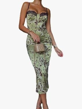 Satin Floral Lace-Trim Slip Dress in Sage Green